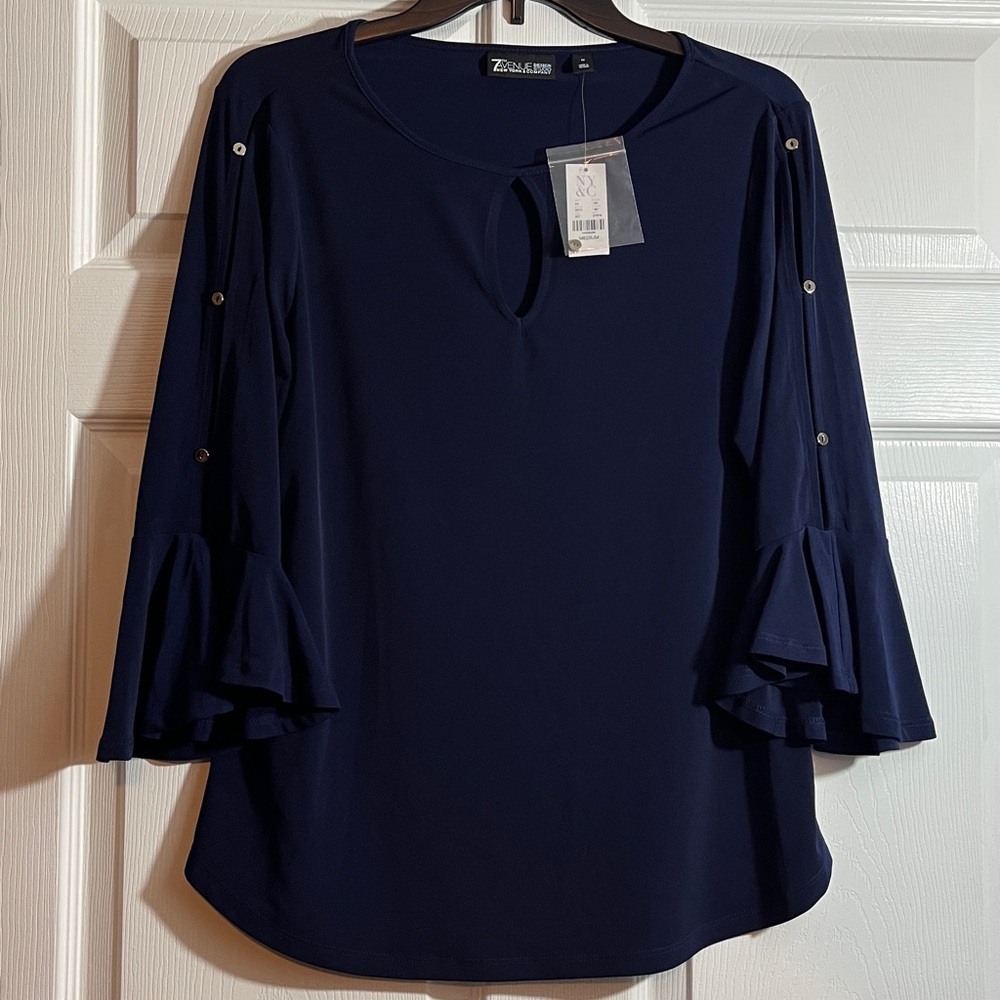 NY&C 7th Avenue Dark Blue Elegant Blouse Women’s M – Flared Sleeves – NWT
